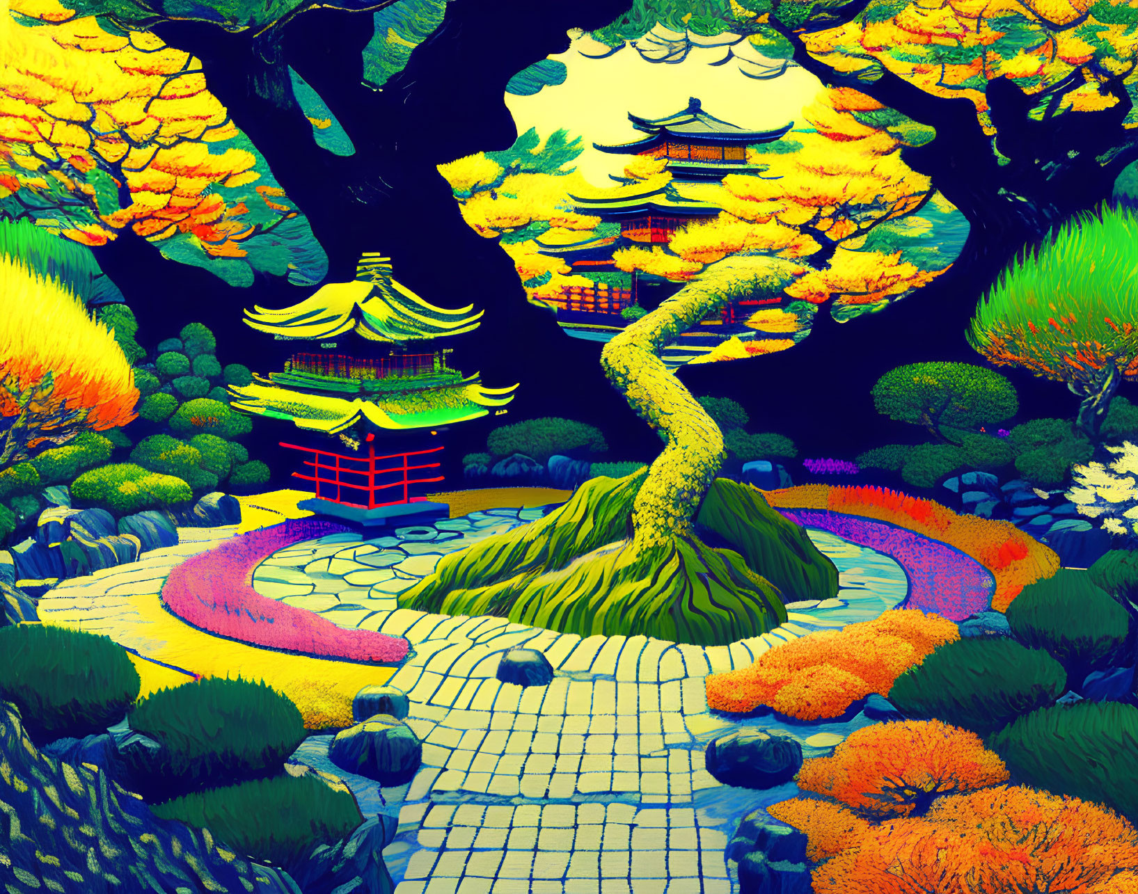 Colorful garden scene with twisted tree, pagodas, and stone path