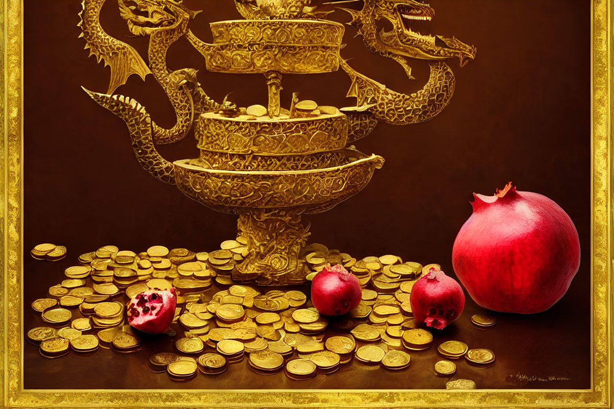 Golden Dragon Incense Burner with Pomegranates and Coins on Dark Background