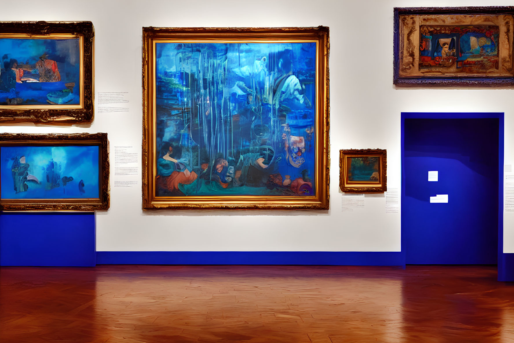 Blue-walled art gallery room with diverse paintings, including a large aquatic-themed artwork.