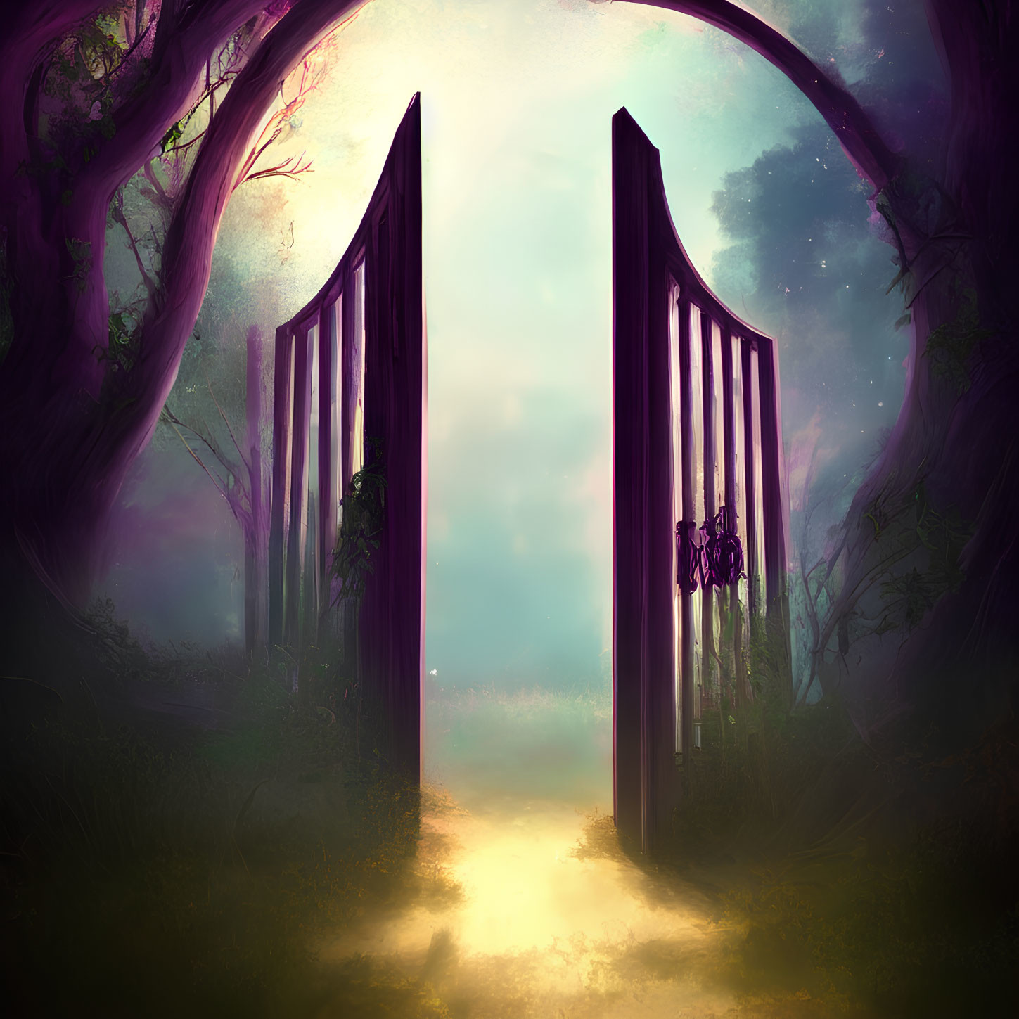 Ethereal fantasy gate in mystical forest with soft purple and teal hues