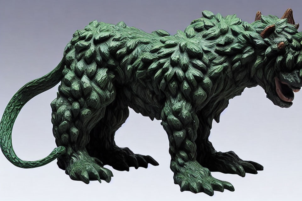 Green lion with leaf-like fur and long tail on plain background