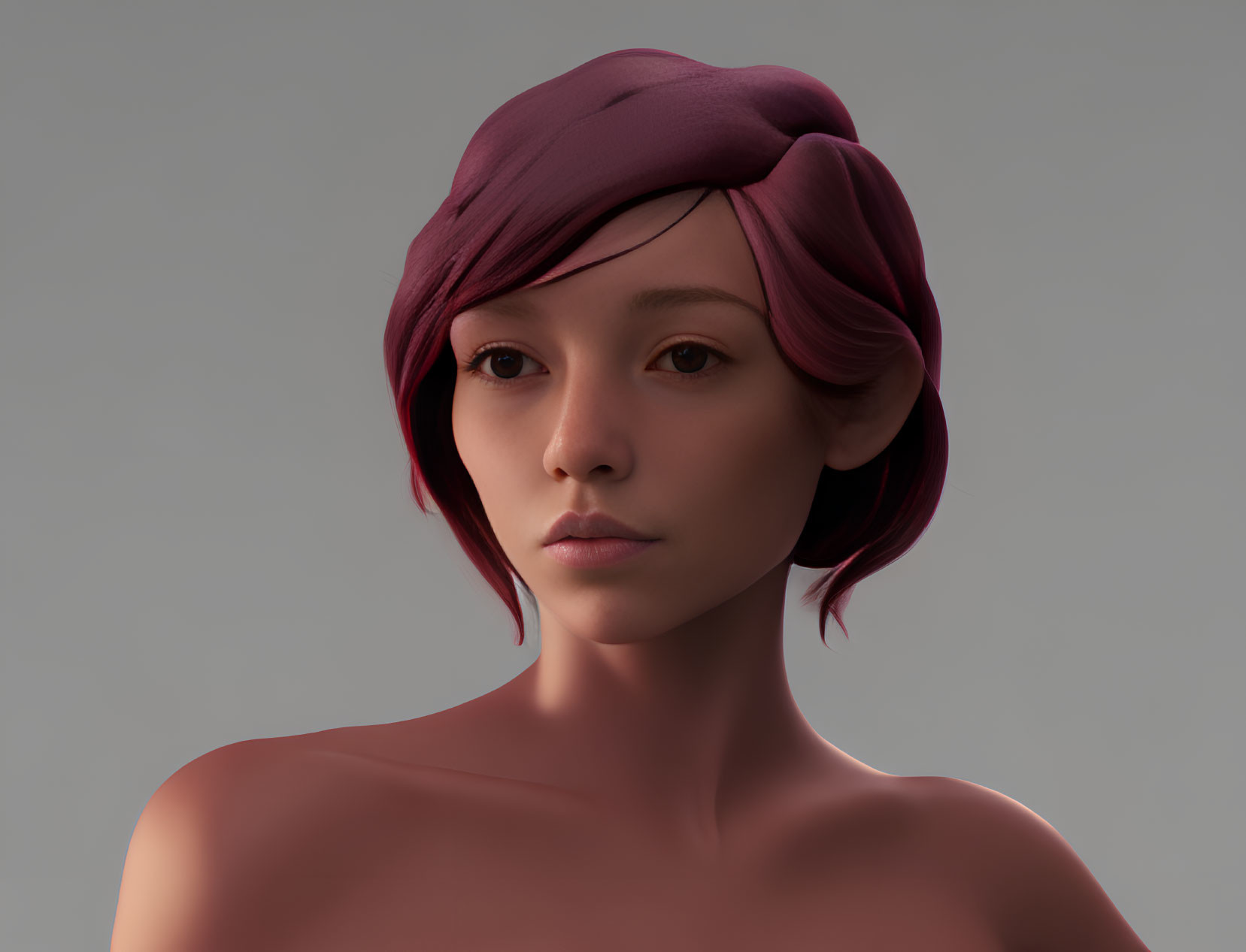 Contemplative female figure in 3D with burgundy hair and headscarf