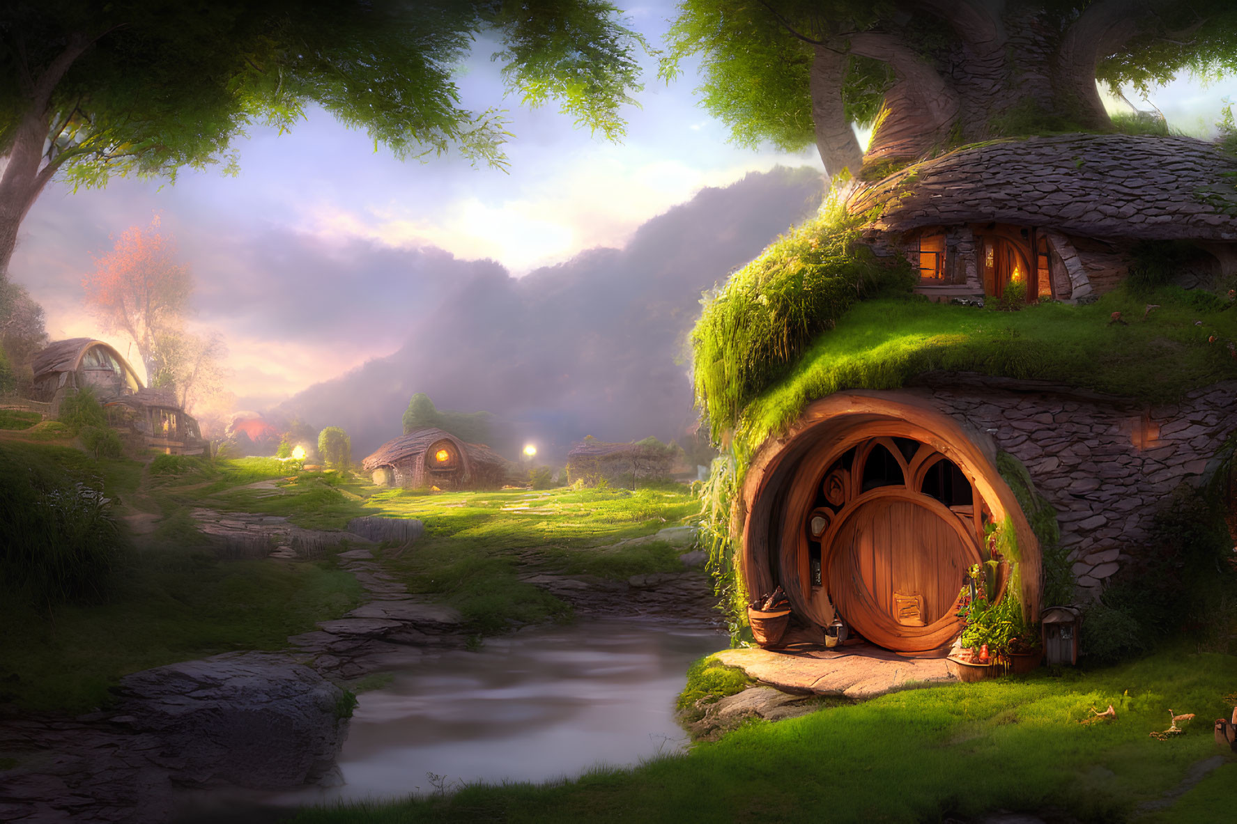 Quaint hobbit-style houses in enchanting landscape