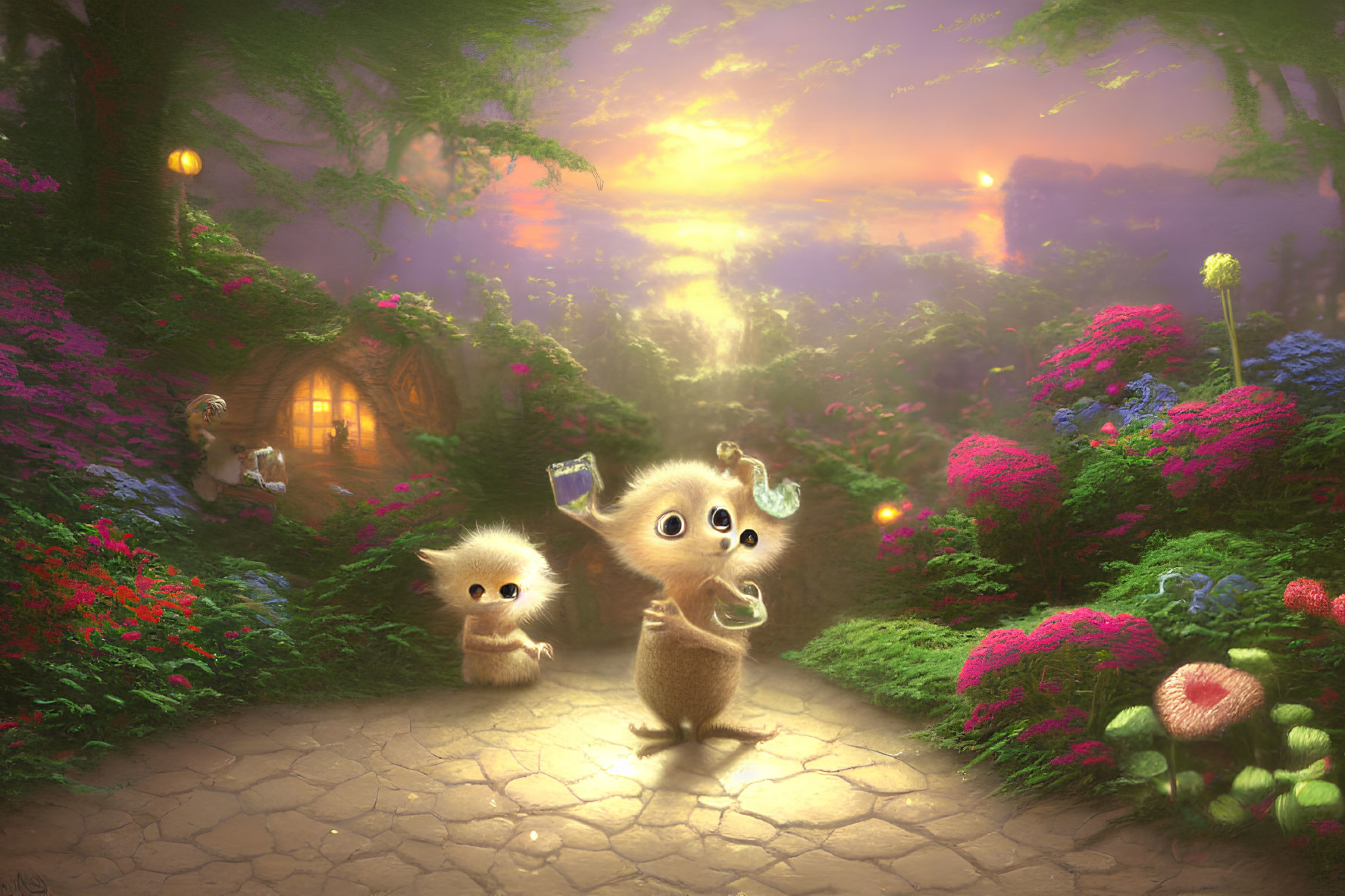 Animated hedgehogs in magical garden with flowers, mushrooms, and sunset.