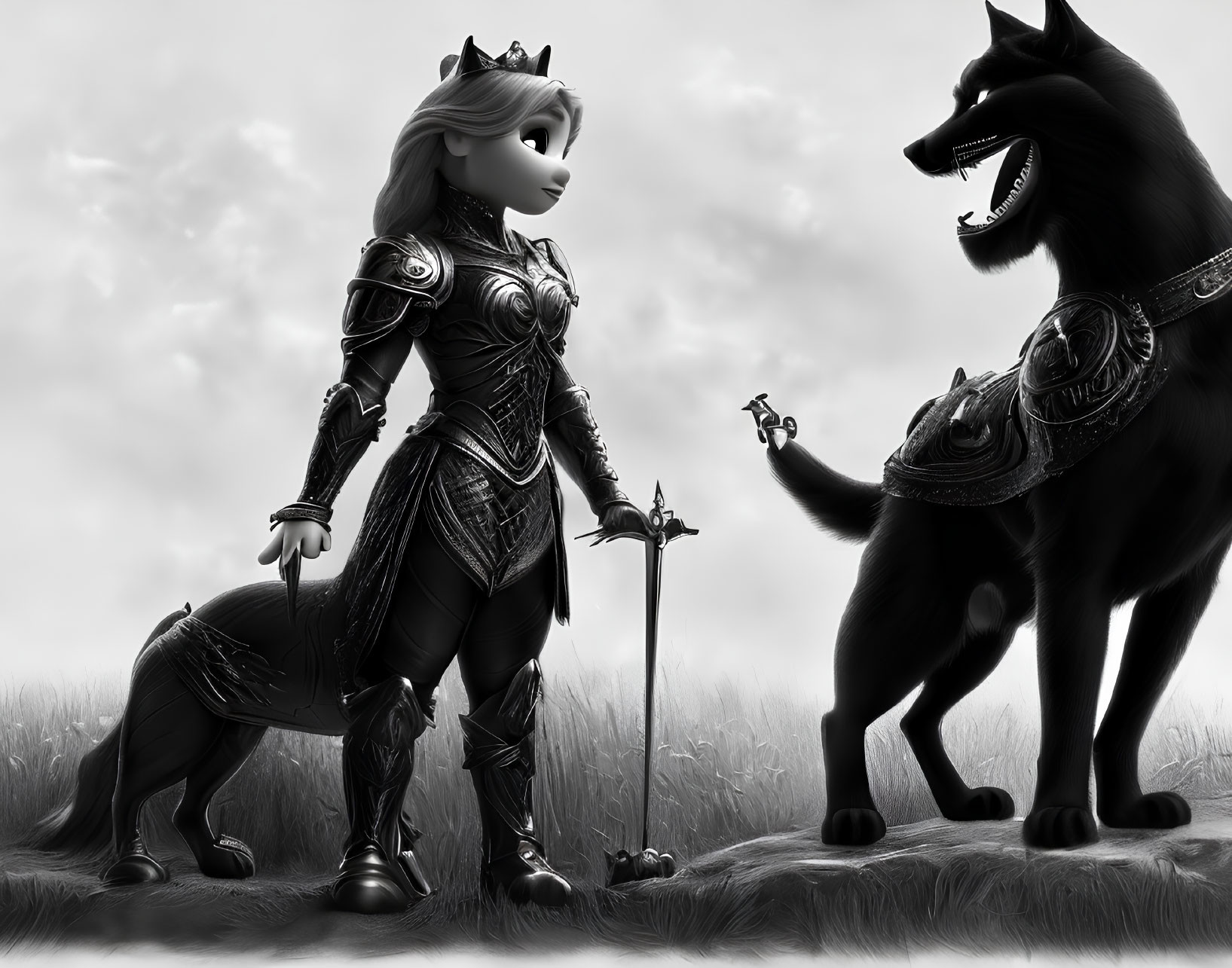 Anthropomorphic feline warrior and wolf in full armor on grassy knoll