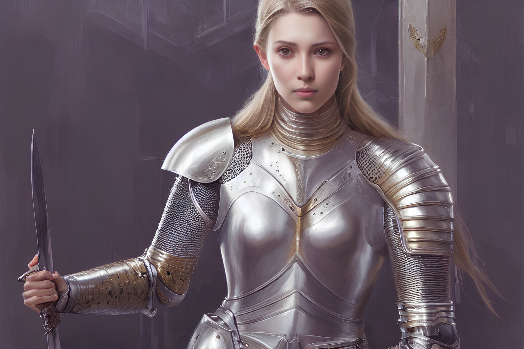 Blonde woman in silver medieval armor with sword in front of gothic cathedral