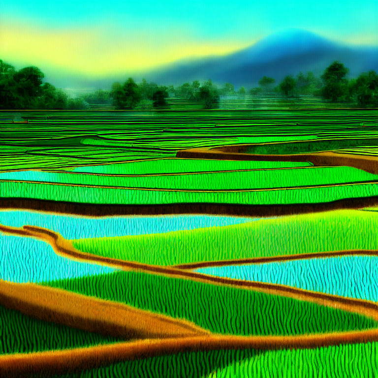 Vibrant green terraced rice fields with misty mountains against yellow and blue sky