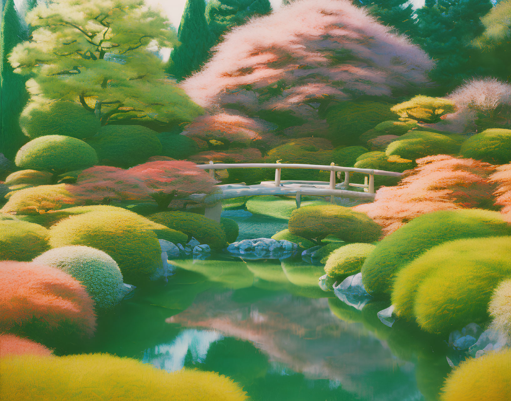 Tranquil Japanese garden with white bridge over calm pond