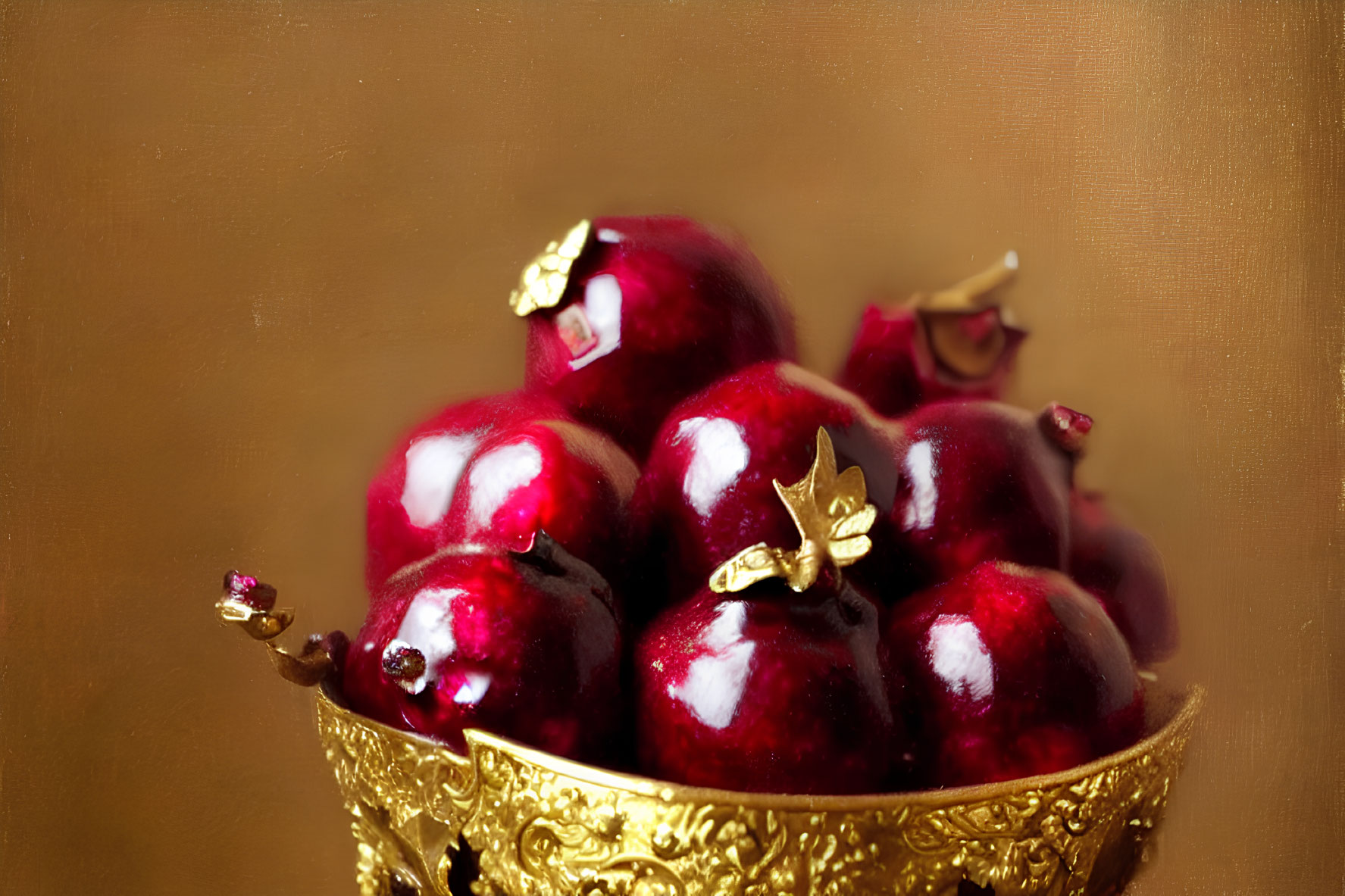 Glossy red pomegranates with golden embellishments on beige background