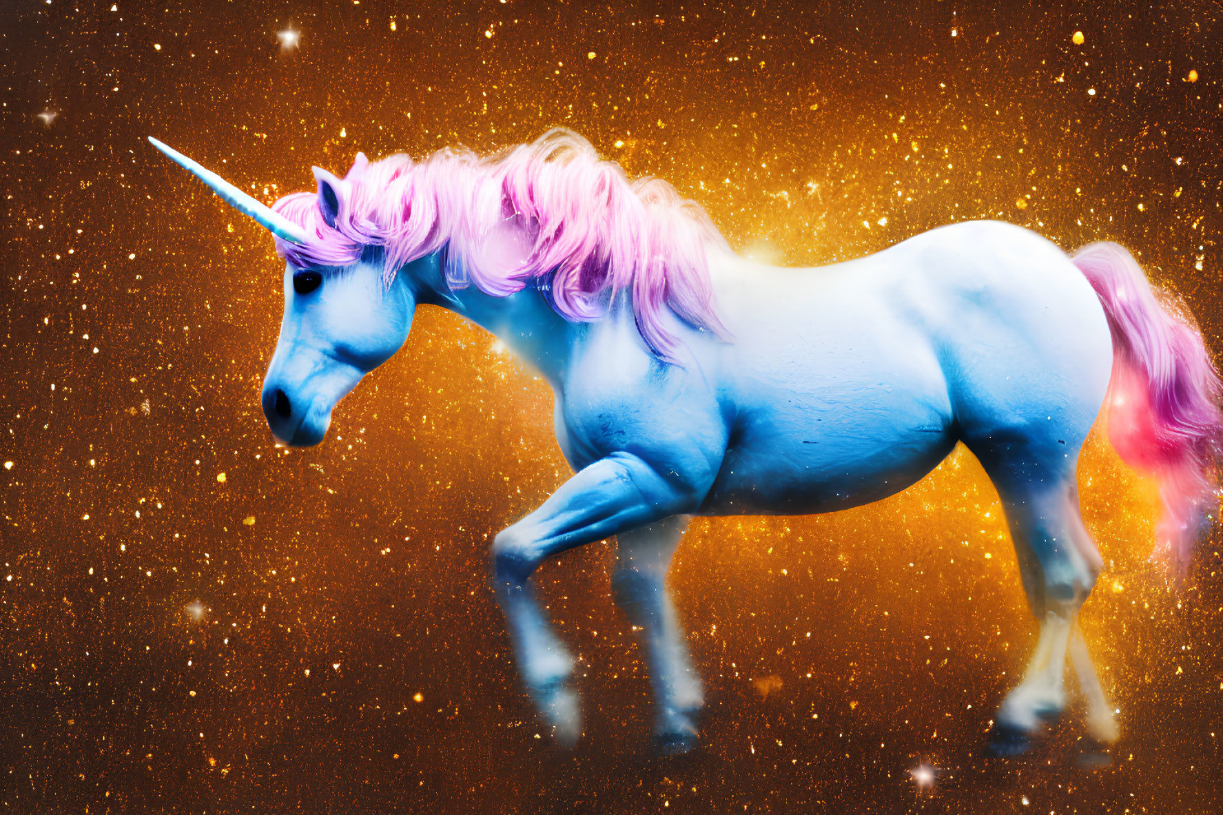 Colorful digital artwork: Blue unicorn with pink mane on starry orange backdrop