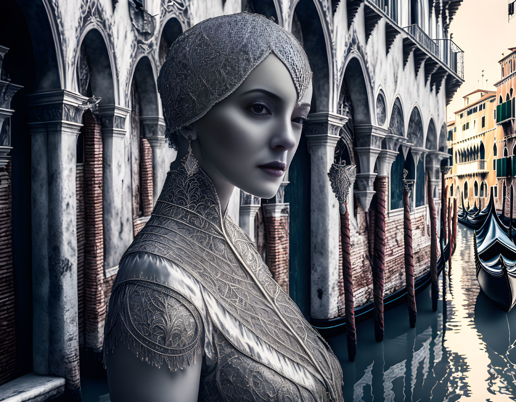 Silver-toned female figure with intricate detailing in front of Venetian canal background blending futuristic and historic