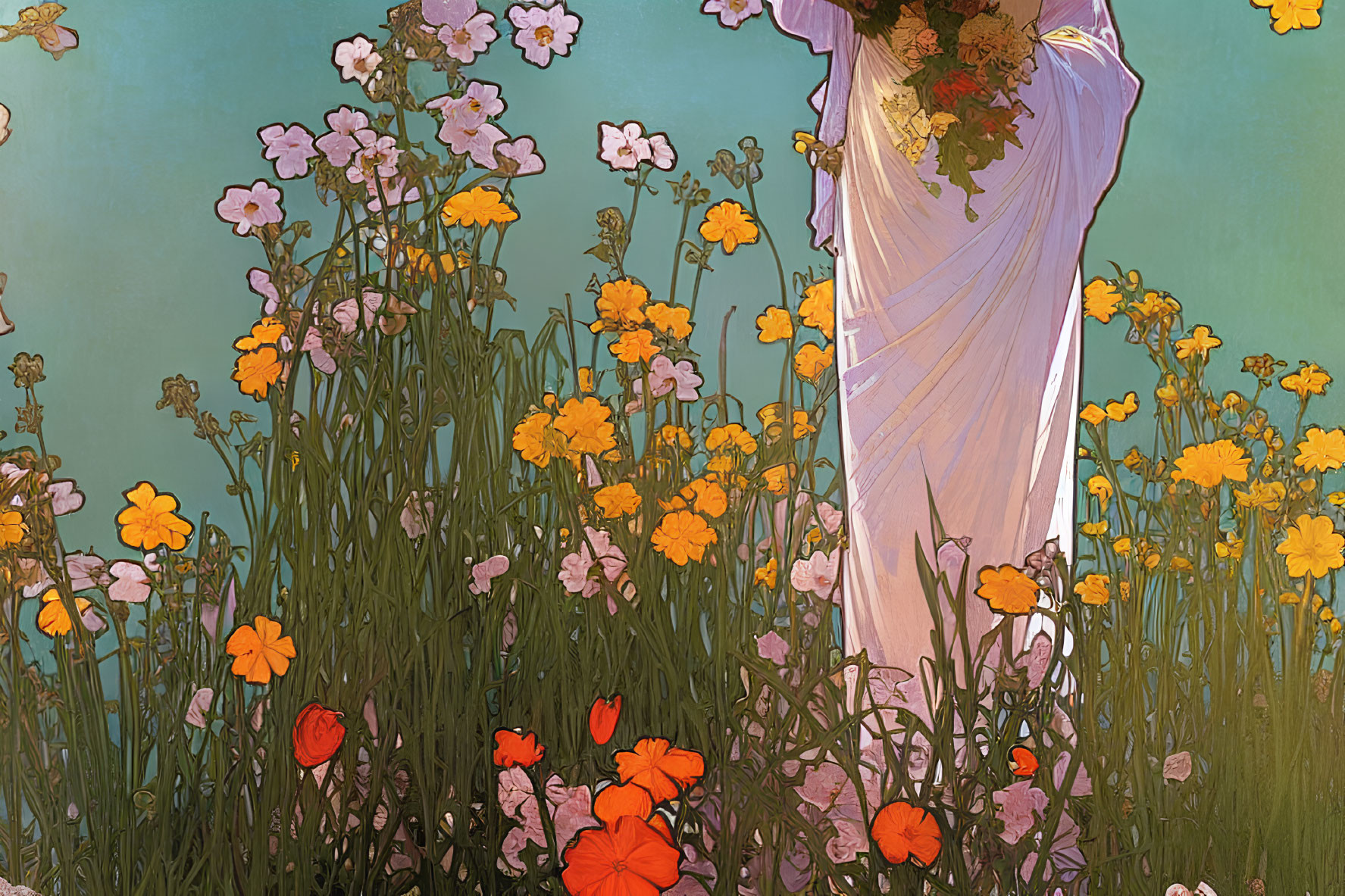 Person in flowing white dress among vibrant wildflowers in teal sky