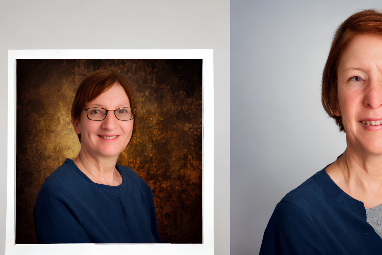 Red-haired woman in glasses smiling against brown backdrop in white frame