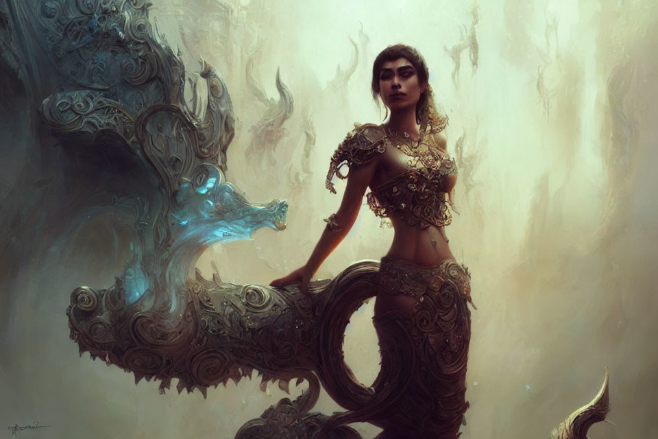 Golden-armored woman with dragon-like mystical creature in ornate swirls.