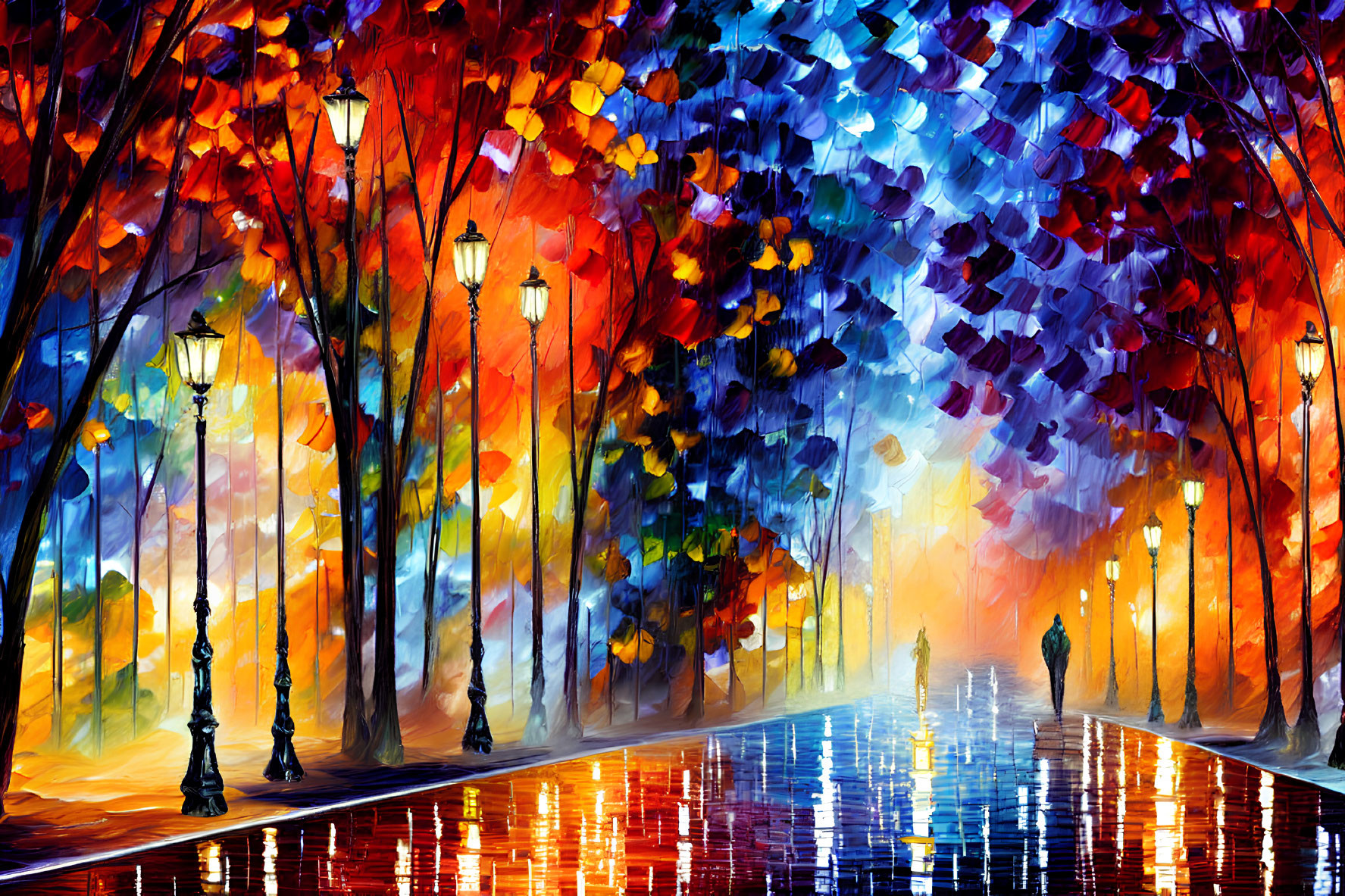 Colorful Painting: Tree-Lined Pathway with Street Lamps and Silhouettes