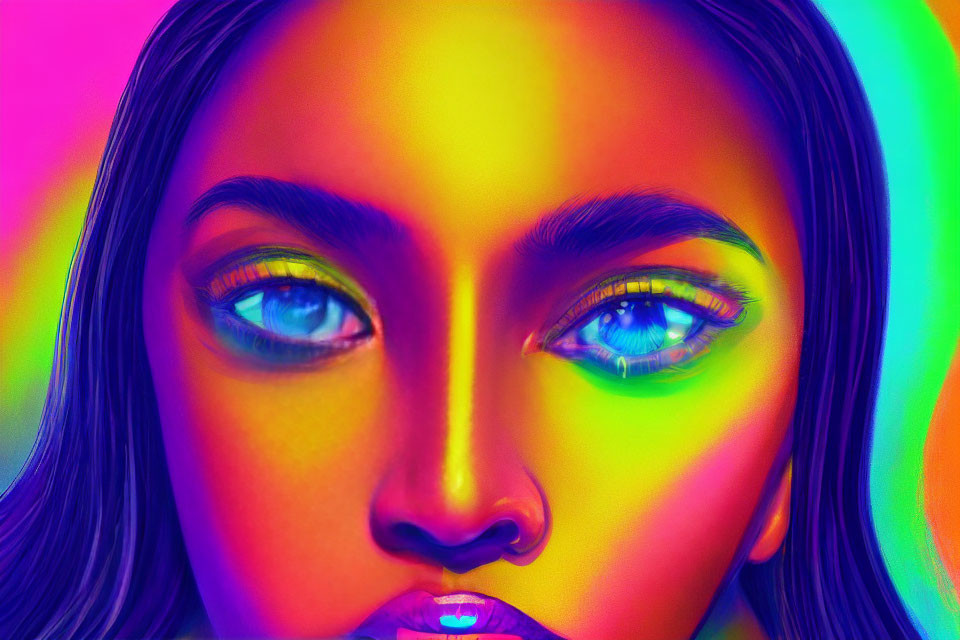 Vibrant rainbow lighting illuminating woman's face