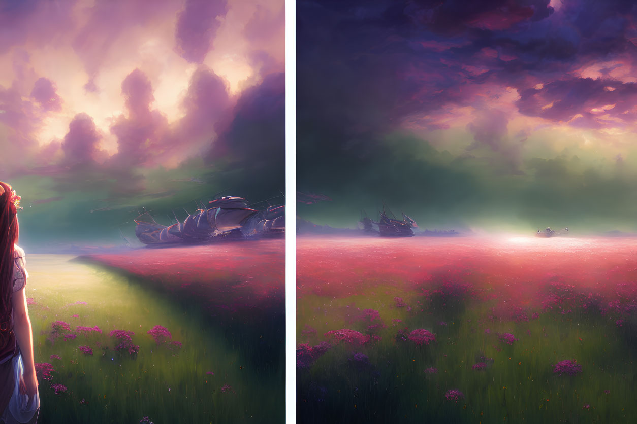 Contrasting split image: serene sunset field vs. stormy night scene