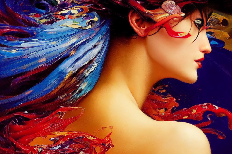 Colorful Hair Woman with Mask: Vibrant Artwork on Dark Background