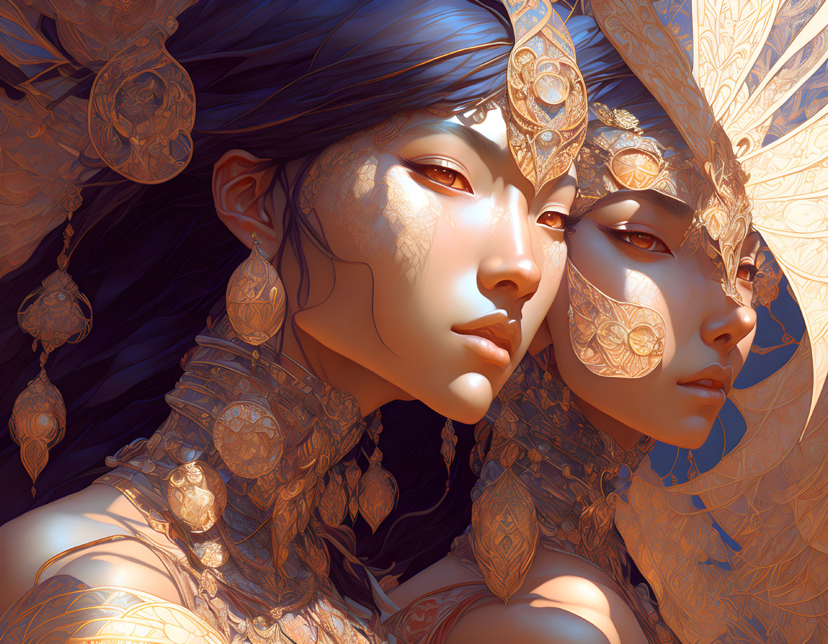 Stylized women with golden masks and intricate jewelry in fantasy-inspired artwork