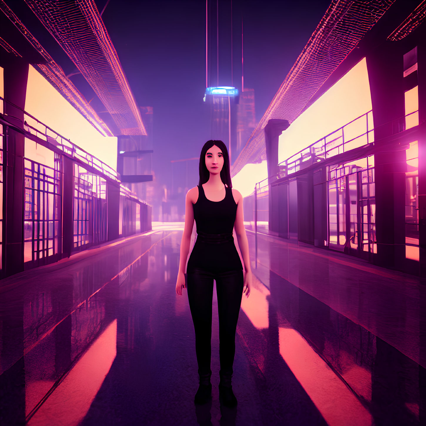 Futuristic urban woman in neon-lit environment