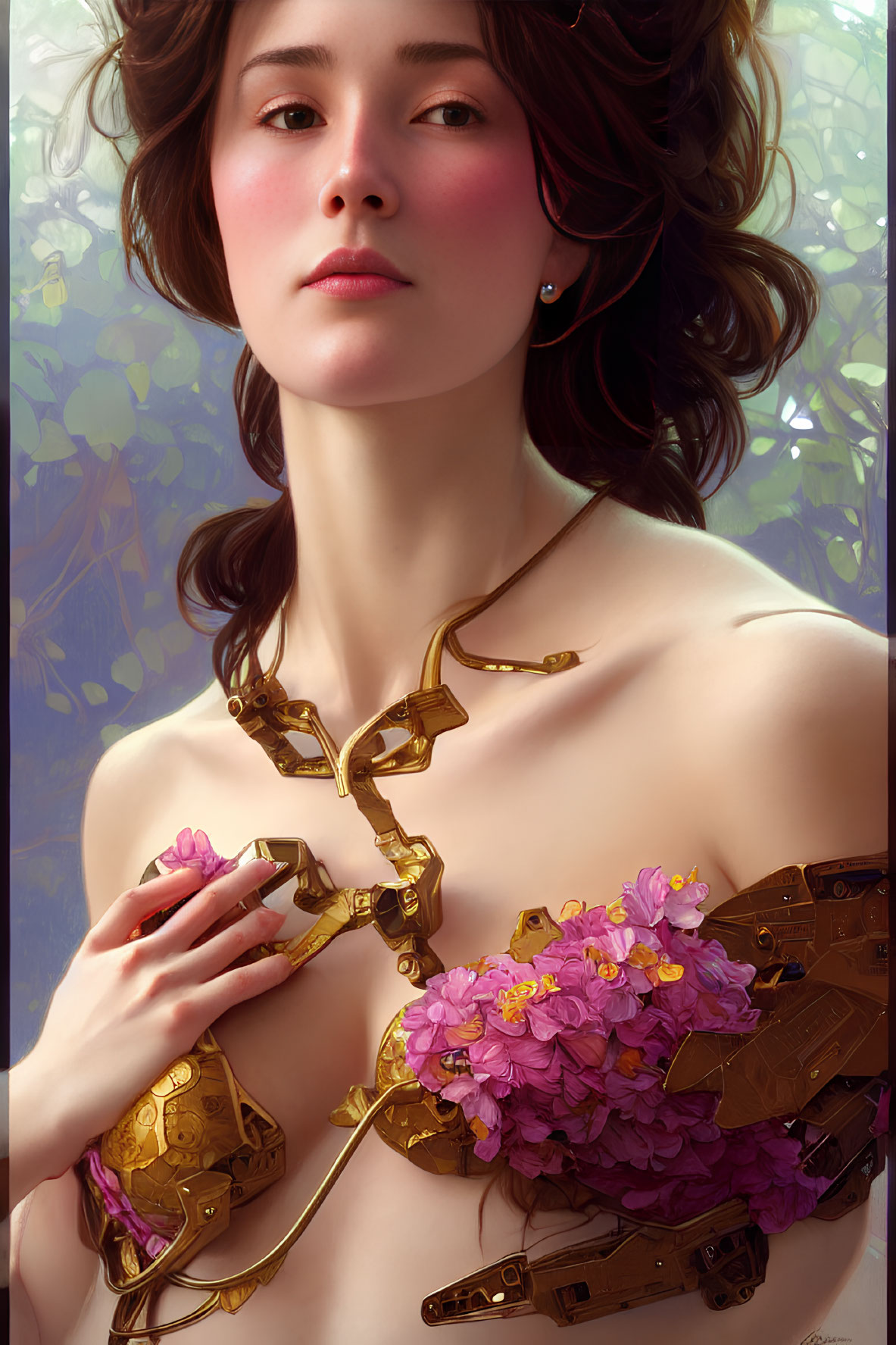 Woman with Brown Hair and Brass Bodice Among Purple Flowers