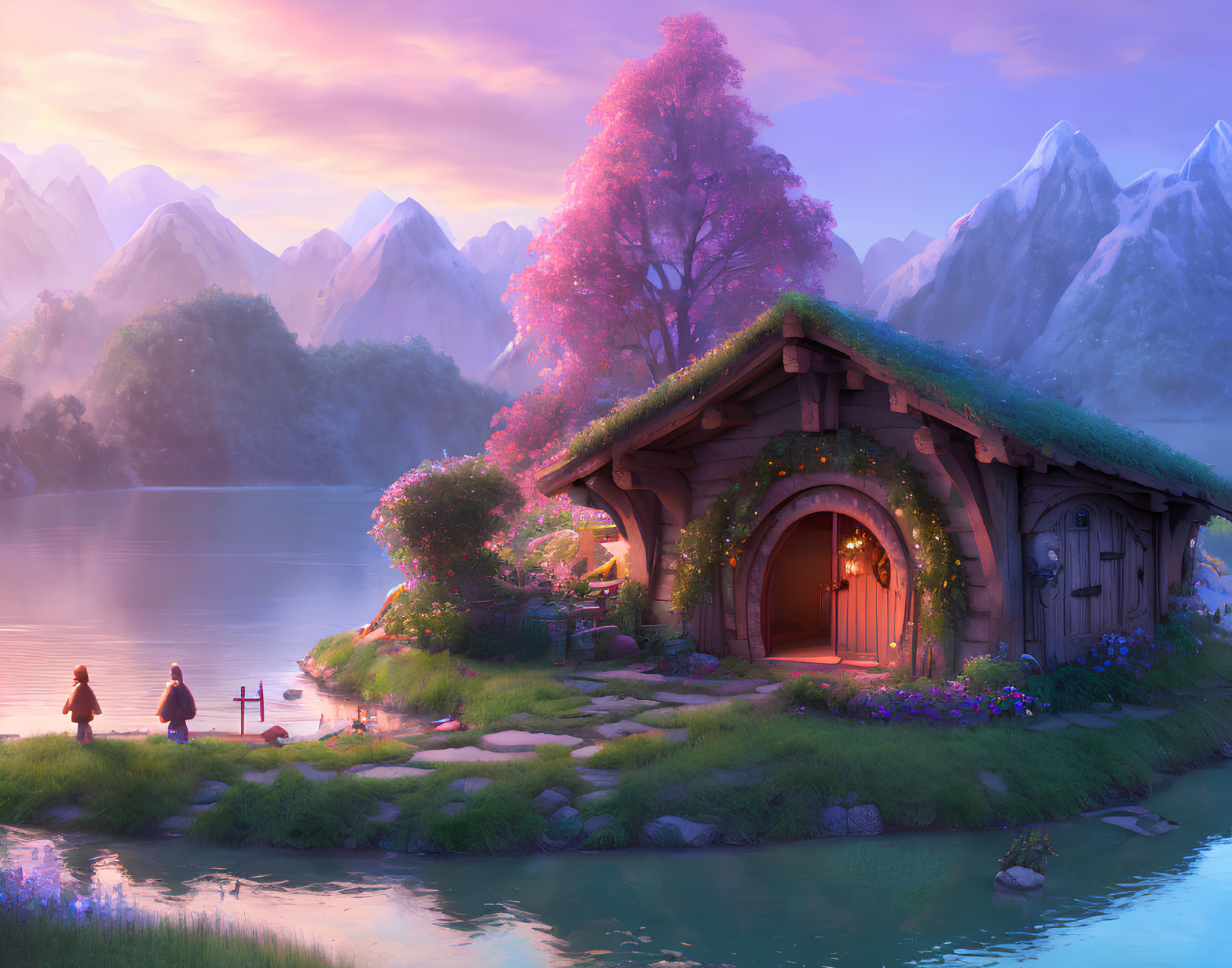 Tranquil sunset scene: Cottage by lake, lush flora, mountains, figures.