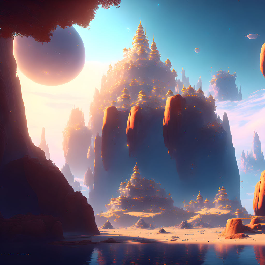 Fantasy landscape with temple-topped rock formation in alien sky