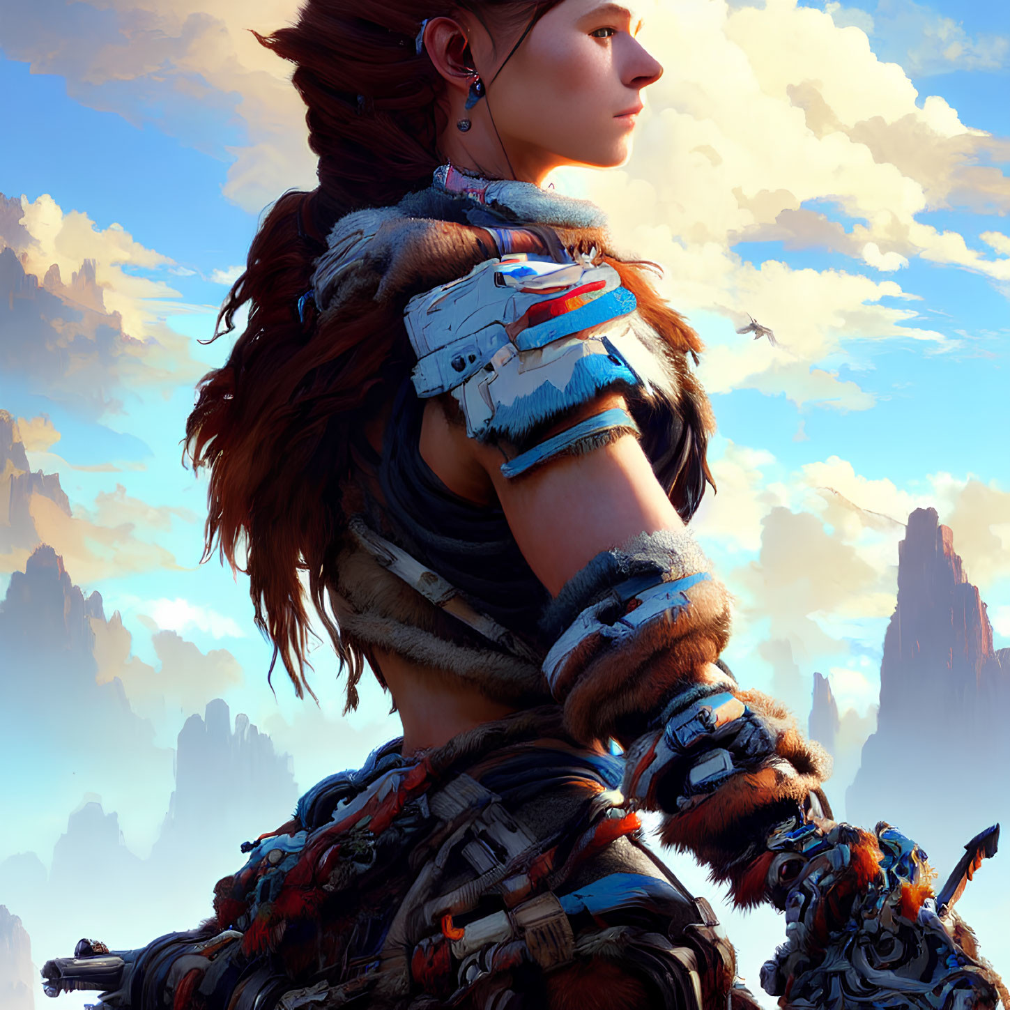 Digital artwork: Woman in tribal attire with futuristic arm gear on rocky terrain under blue sky