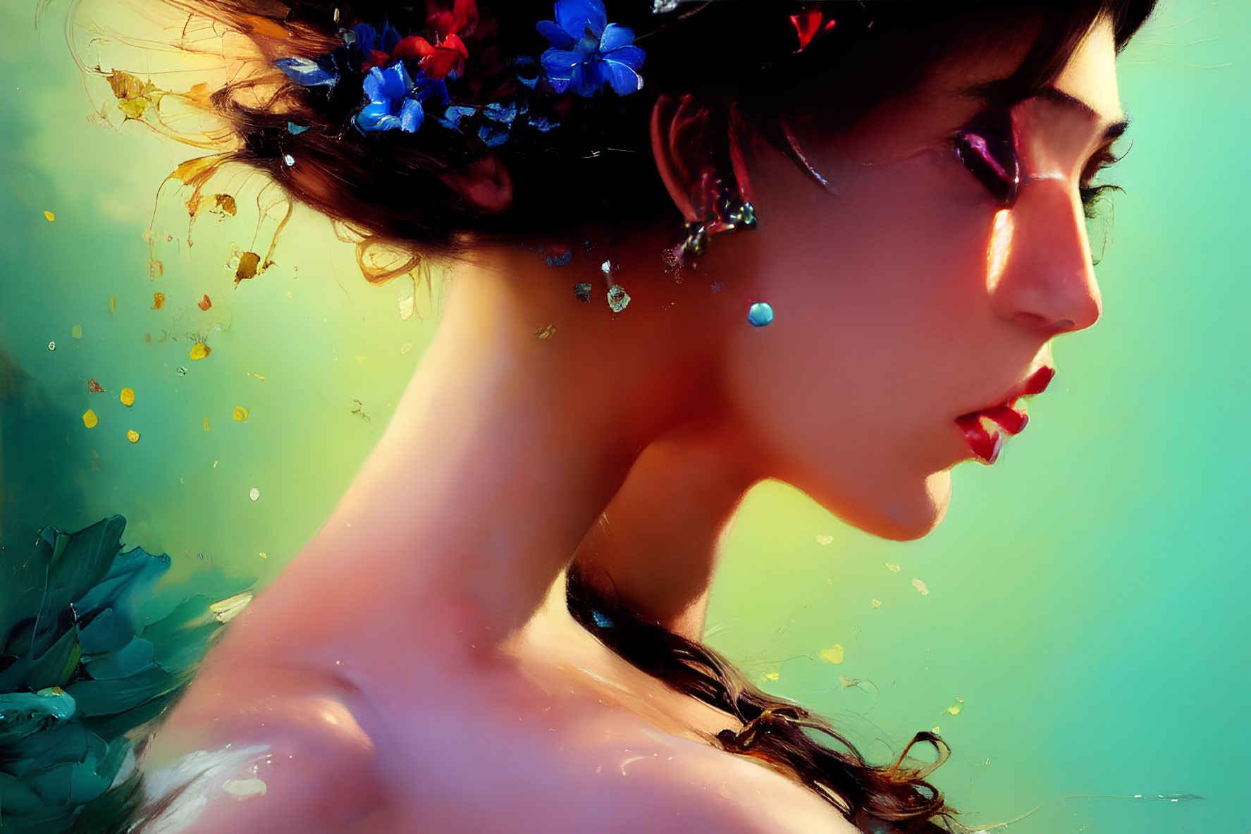 Profile portrait of a woman with floral hair, sparkling accents, and dreamy backdrop