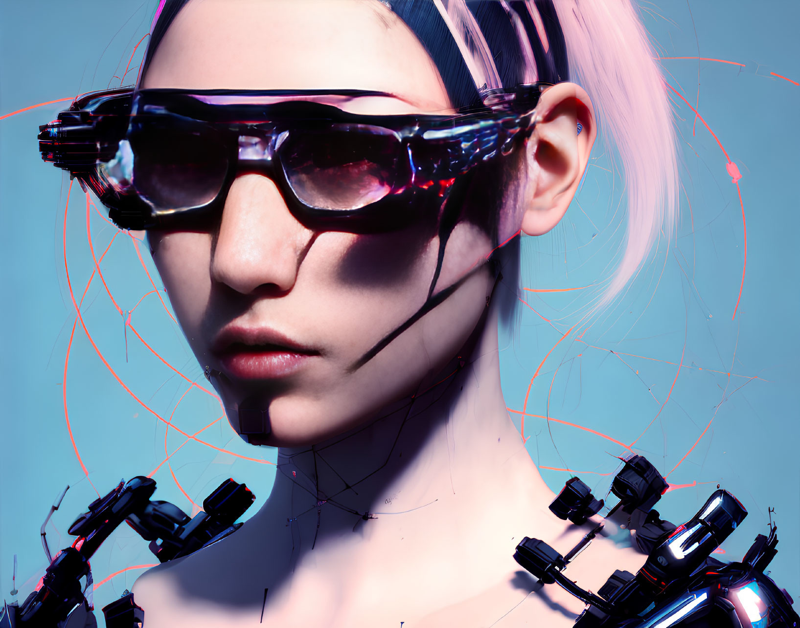 Pink-haired person with dark sunglasses and robotic spiders on blue background