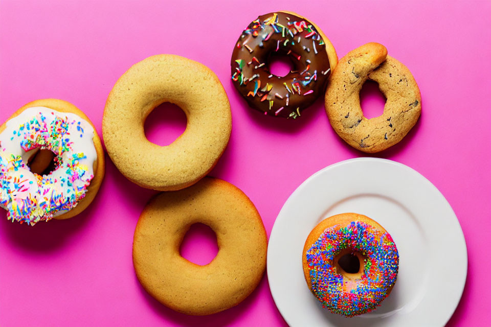 Assorted donuts on pink background with sprinkles and chocolate glaze