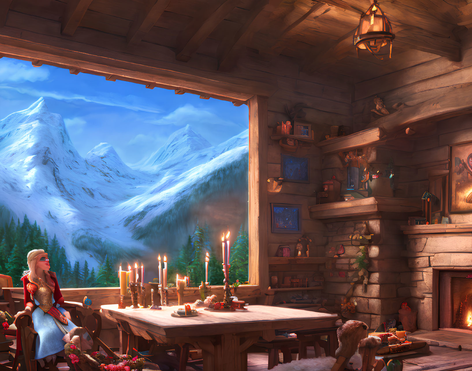 Snowy mountain view cabin interior with lit fireplace and woman gazing outward