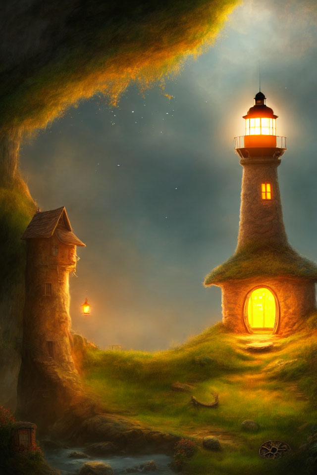 Lighthouse with glowing beacon on grassy hill near stone house under starry sky