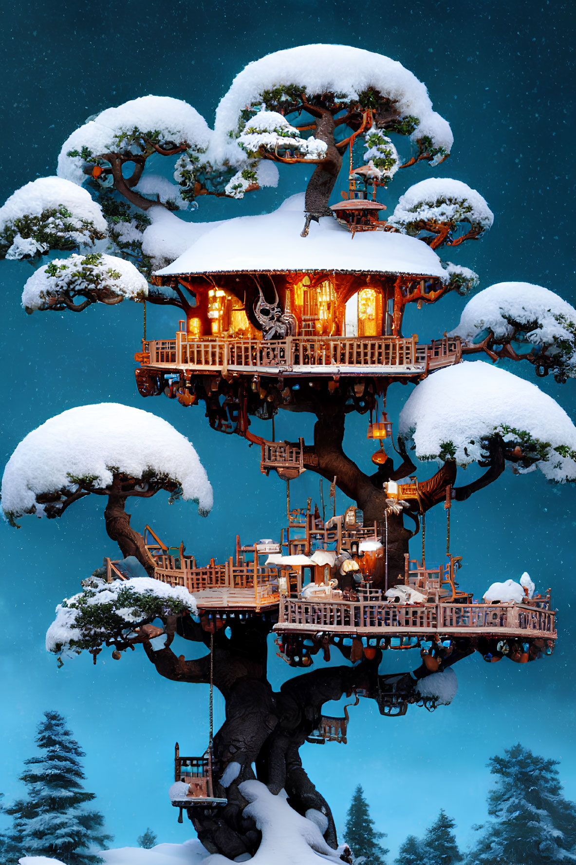 Snow-Covered Treehouse with Glowing Lights at Twilight