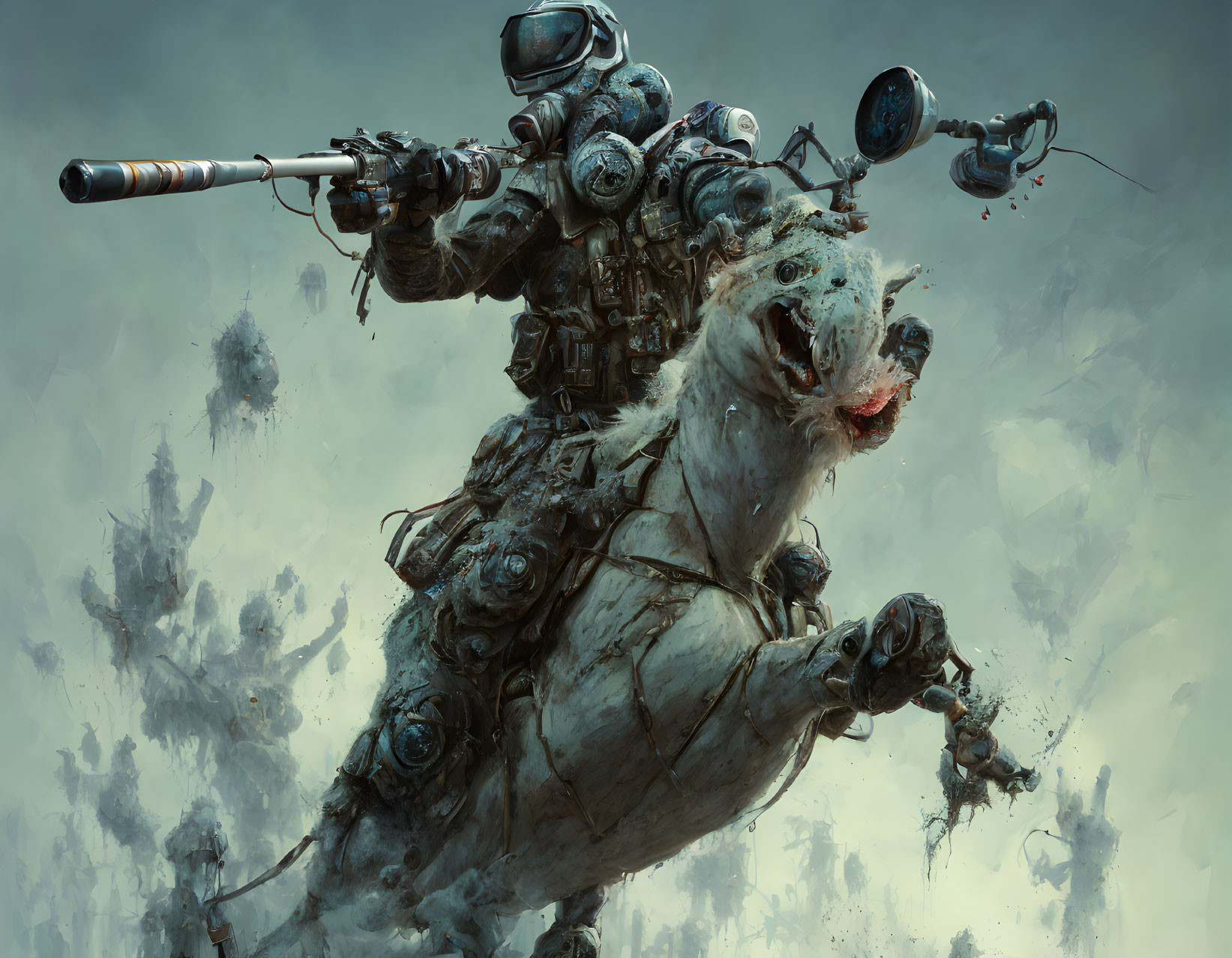 Futuristic soldier on augmented bear in dystopian battlefield