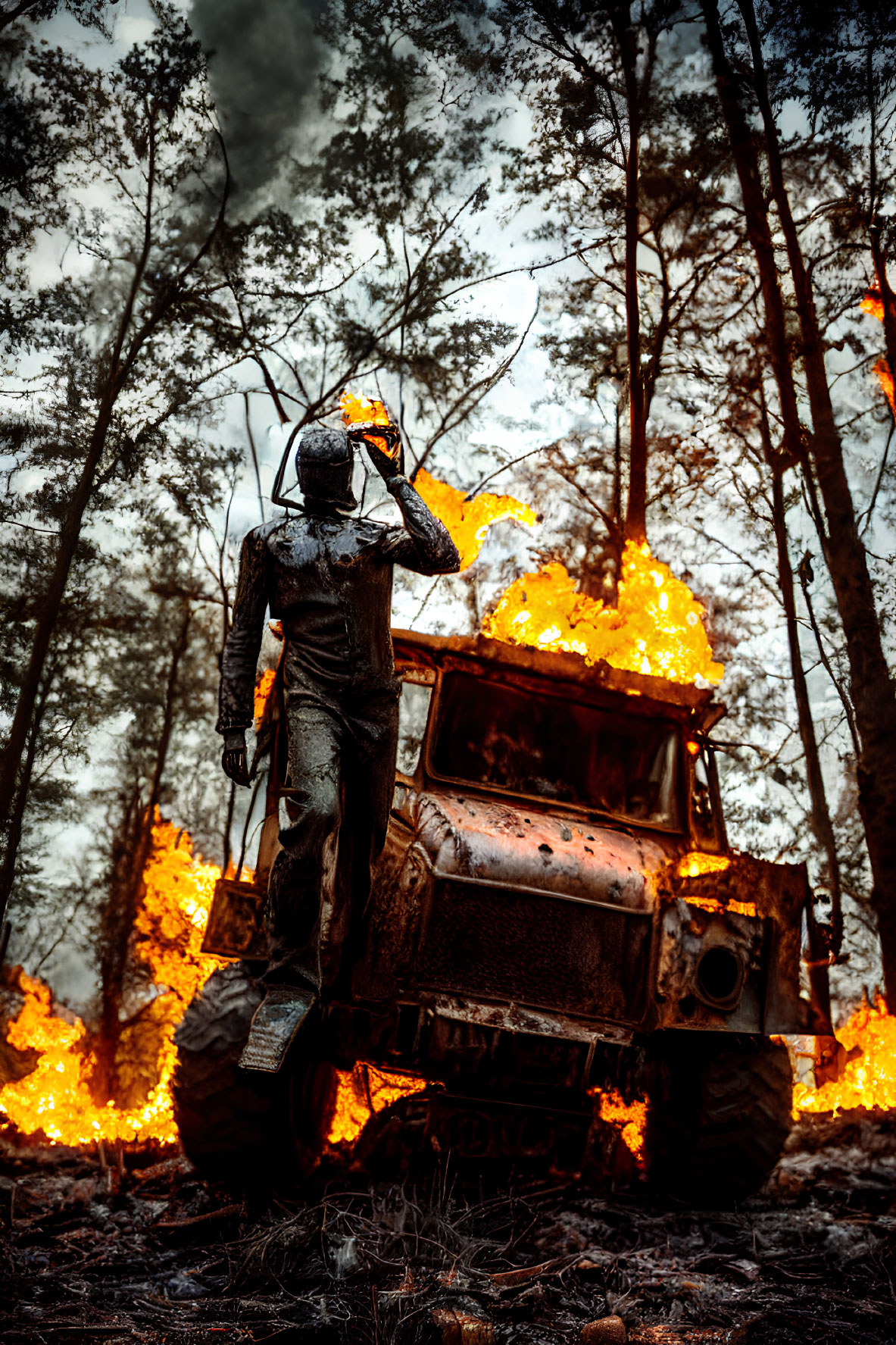 Burning vehicle in forest with person in protective gear