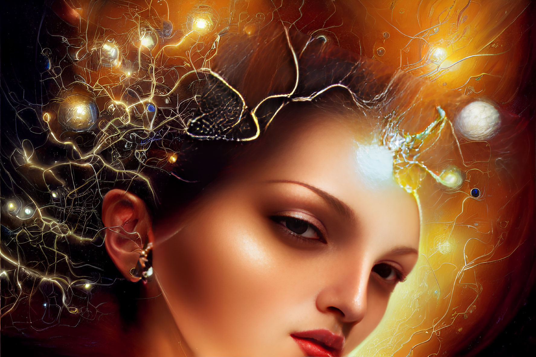 Digital artwork featuring woman with glowing, intricate neuron-like or cosmic network hair