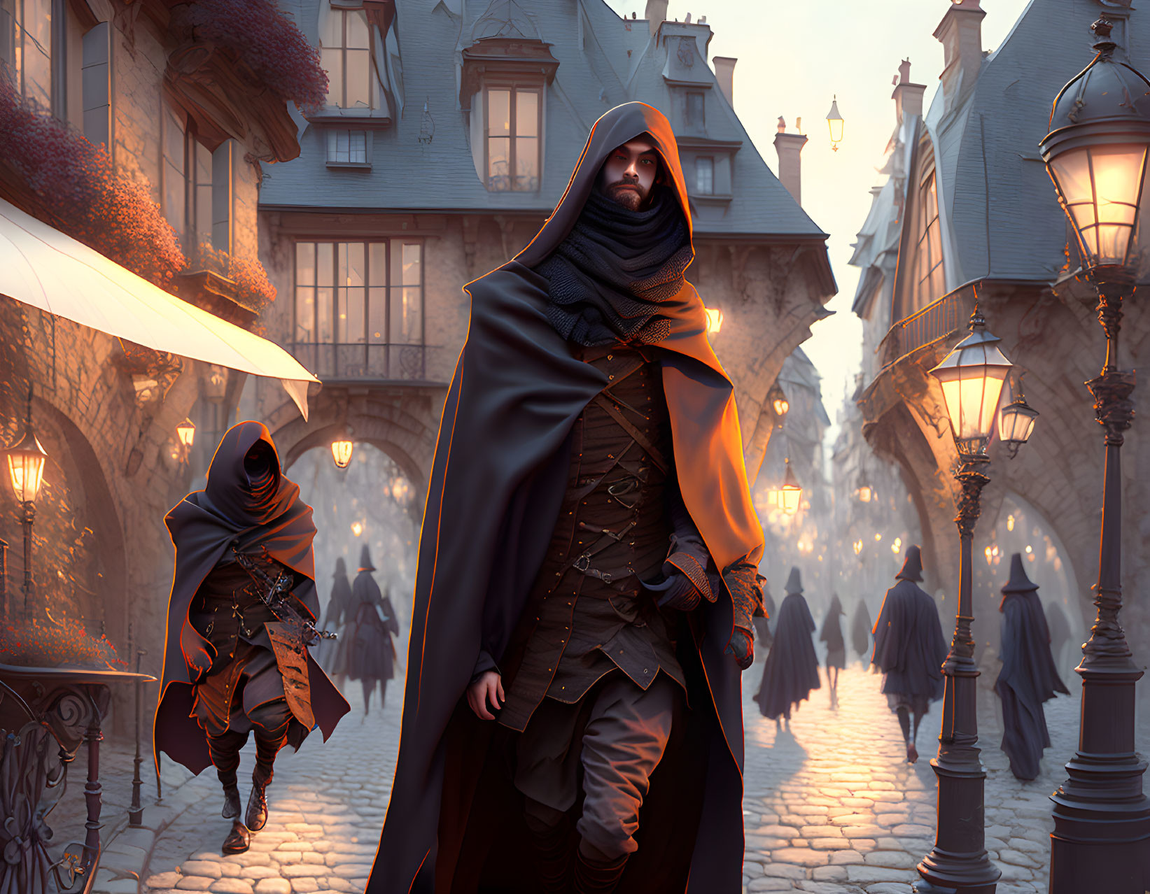 Historical European street scene with cloaked figures and gas lamps at dusk