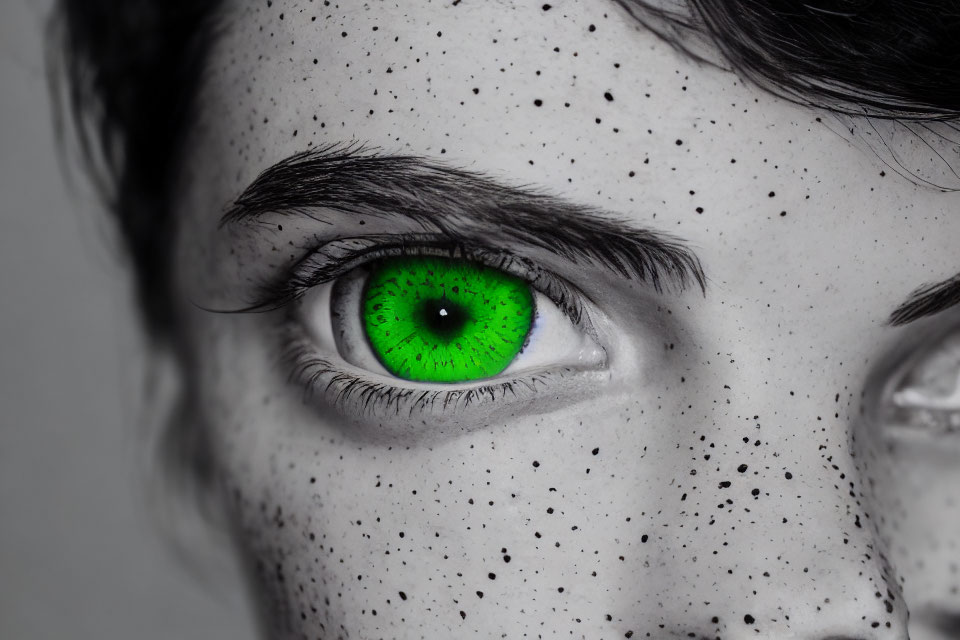 Person with freckles and vibrant green eye in black and white photo