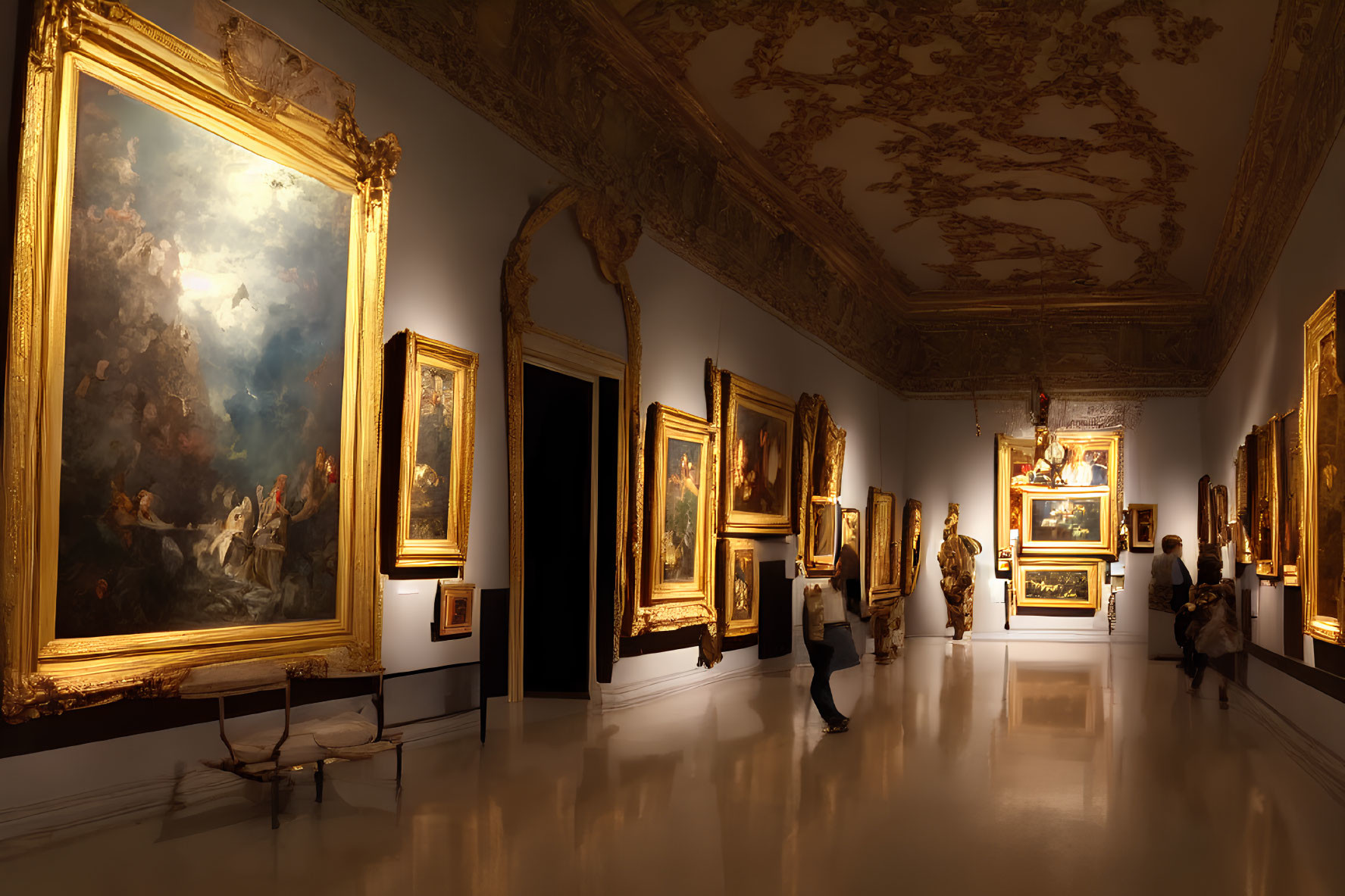 Ornate Golden Frames in Dimly Lit Art Gallery