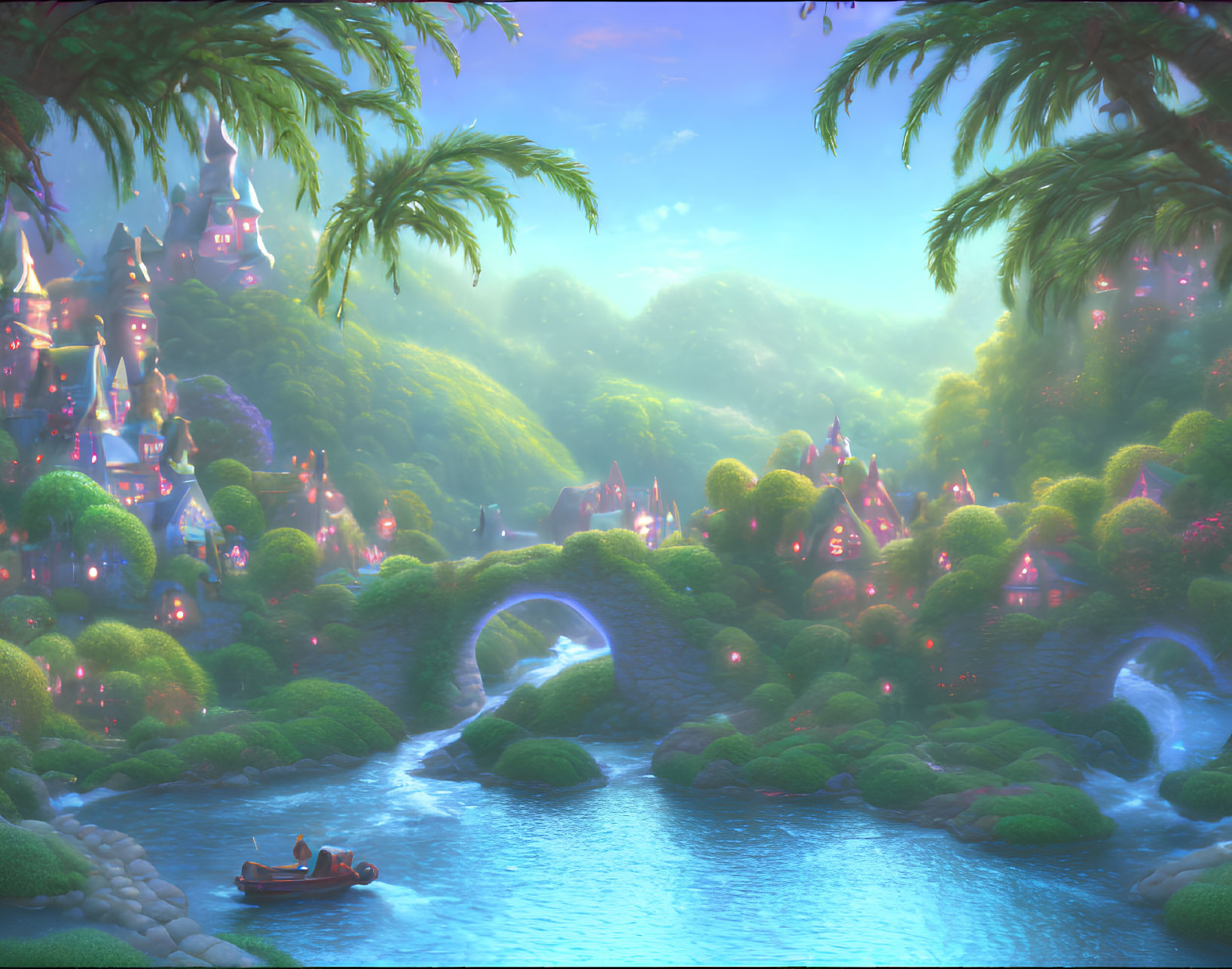 Enchanted landscape featuring sparkling river, stone bridge, boat, fairytale castle, lush green