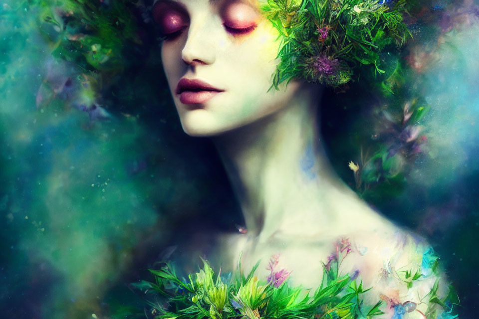 Woman with closed eyes adorned with green foliage and flowers in hair against vivid background