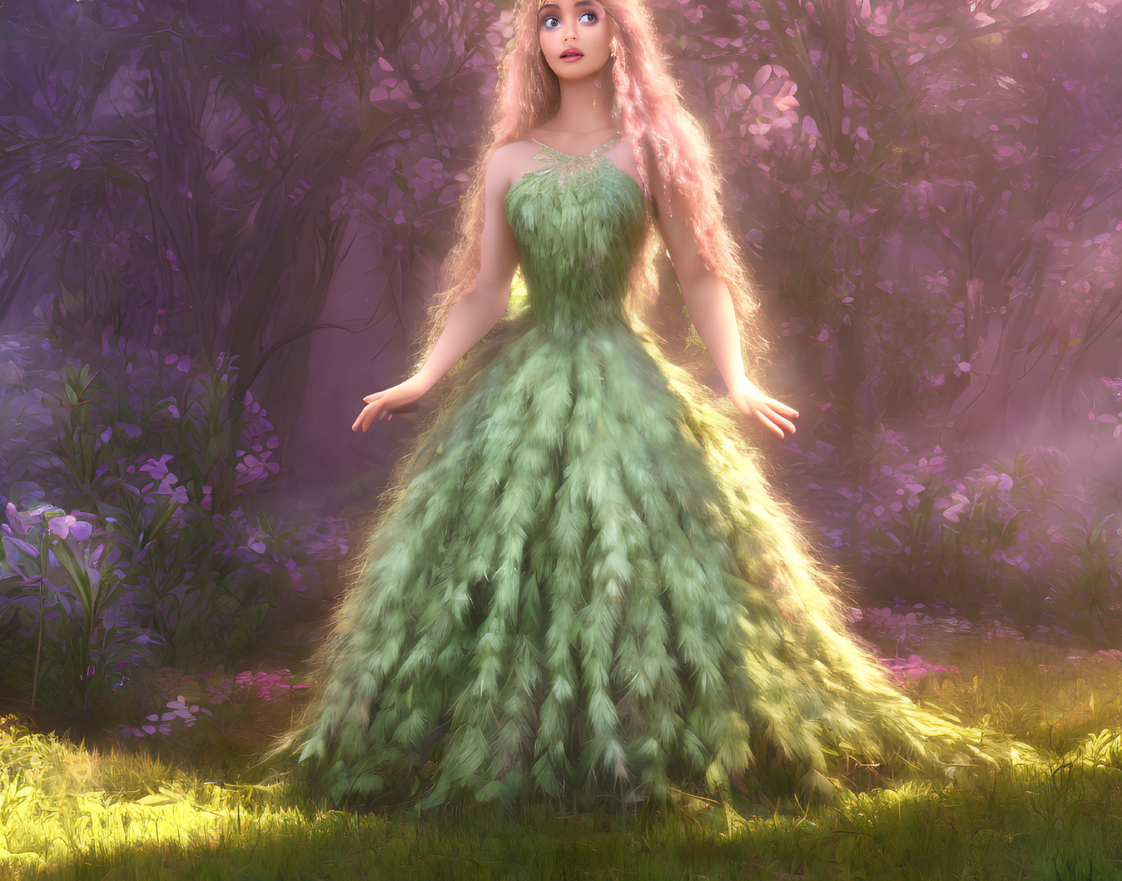 Princess with Long Blonde Hair in Luminous Forest 3D Render