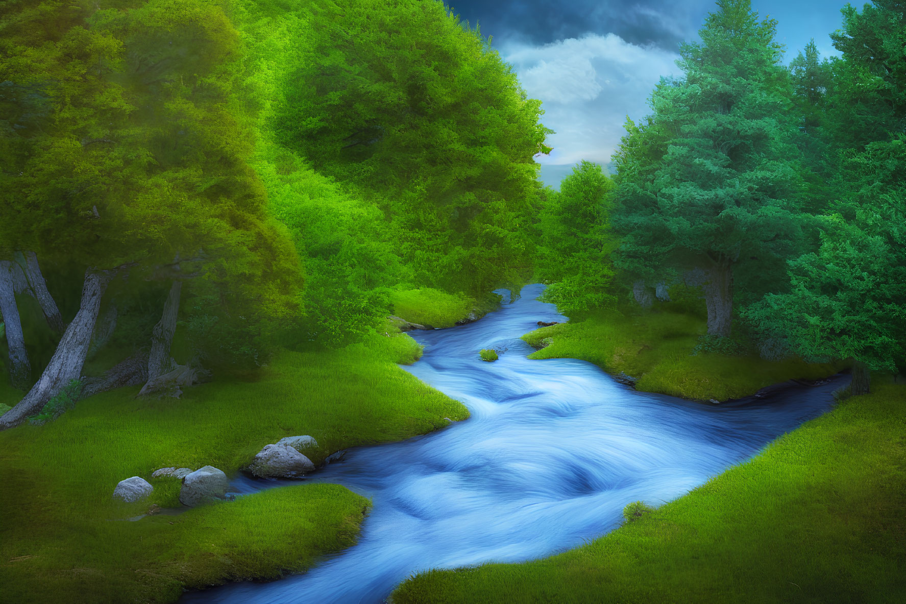 Tranquil blue stream in lush green forest landscape