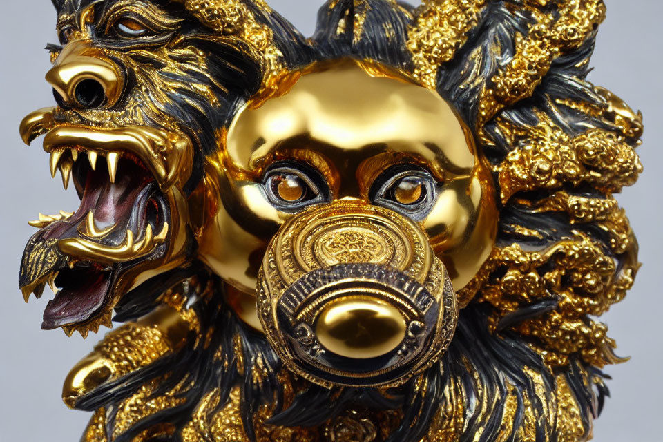 Detailed Golden Chinese Lion Mask with Fierce Expression