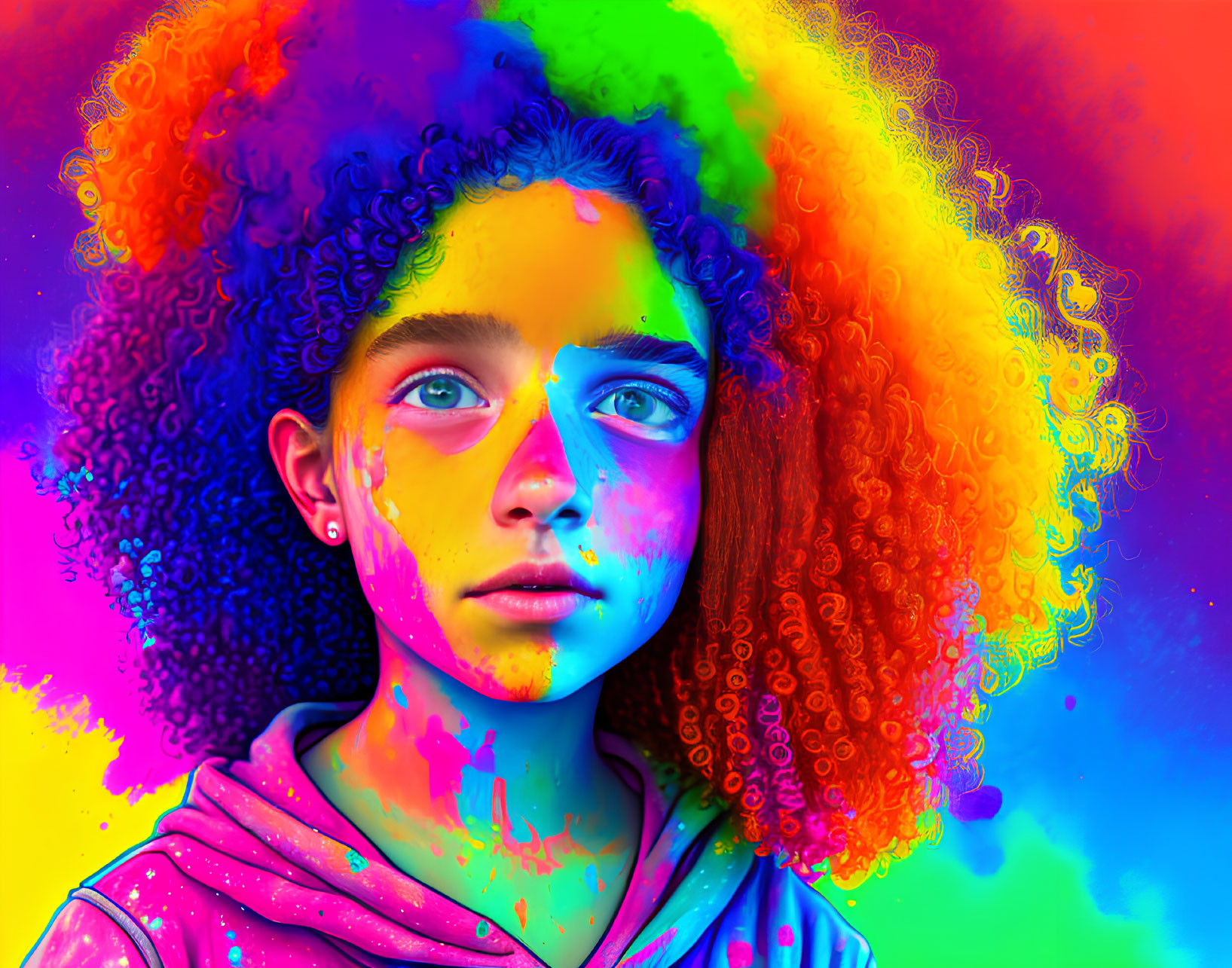 Colorful portrait of young individual with curly hair and neon paint splatters on multicolored background