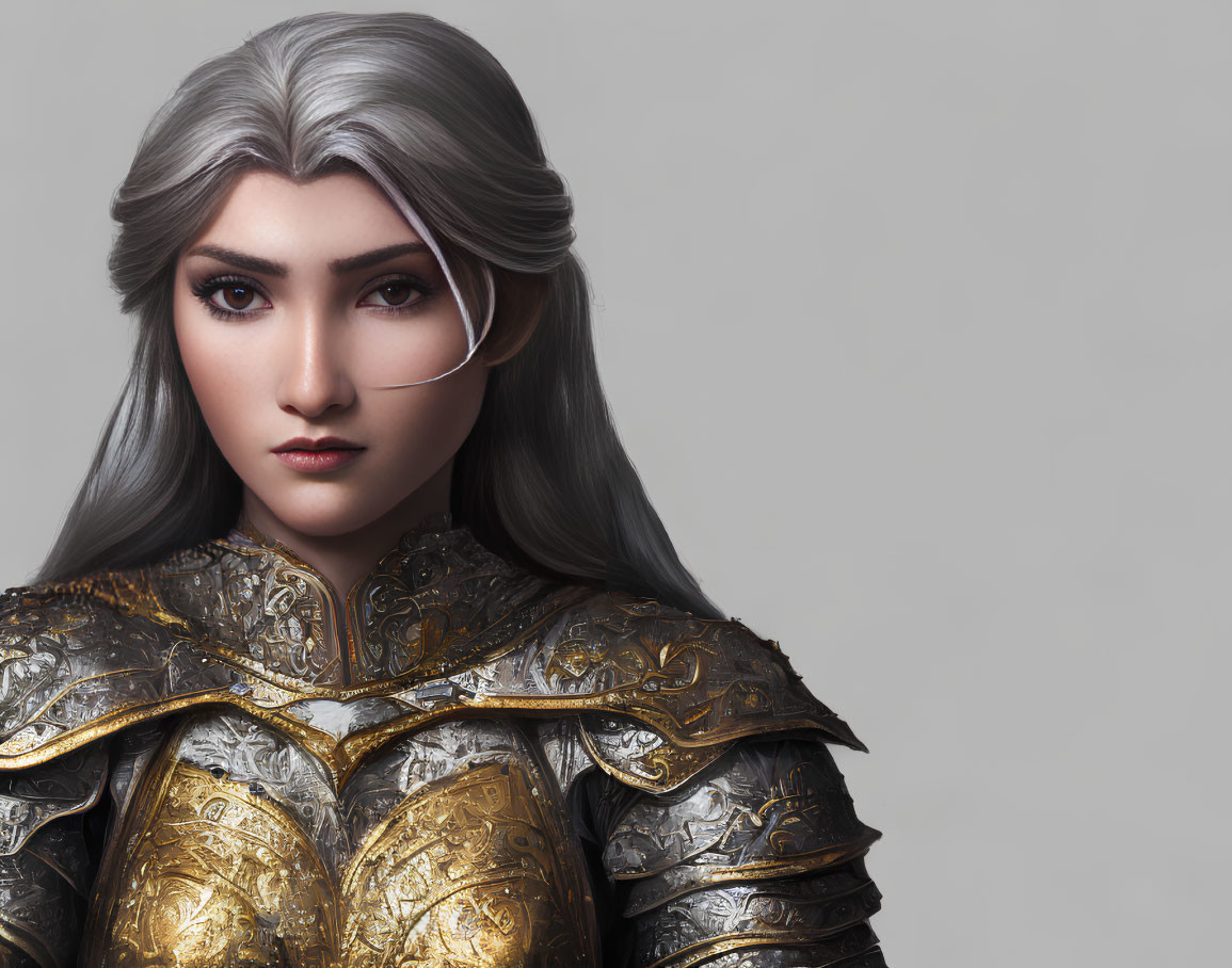 Digital Art Portrait: Woman with Silver Hair and Golden Armor