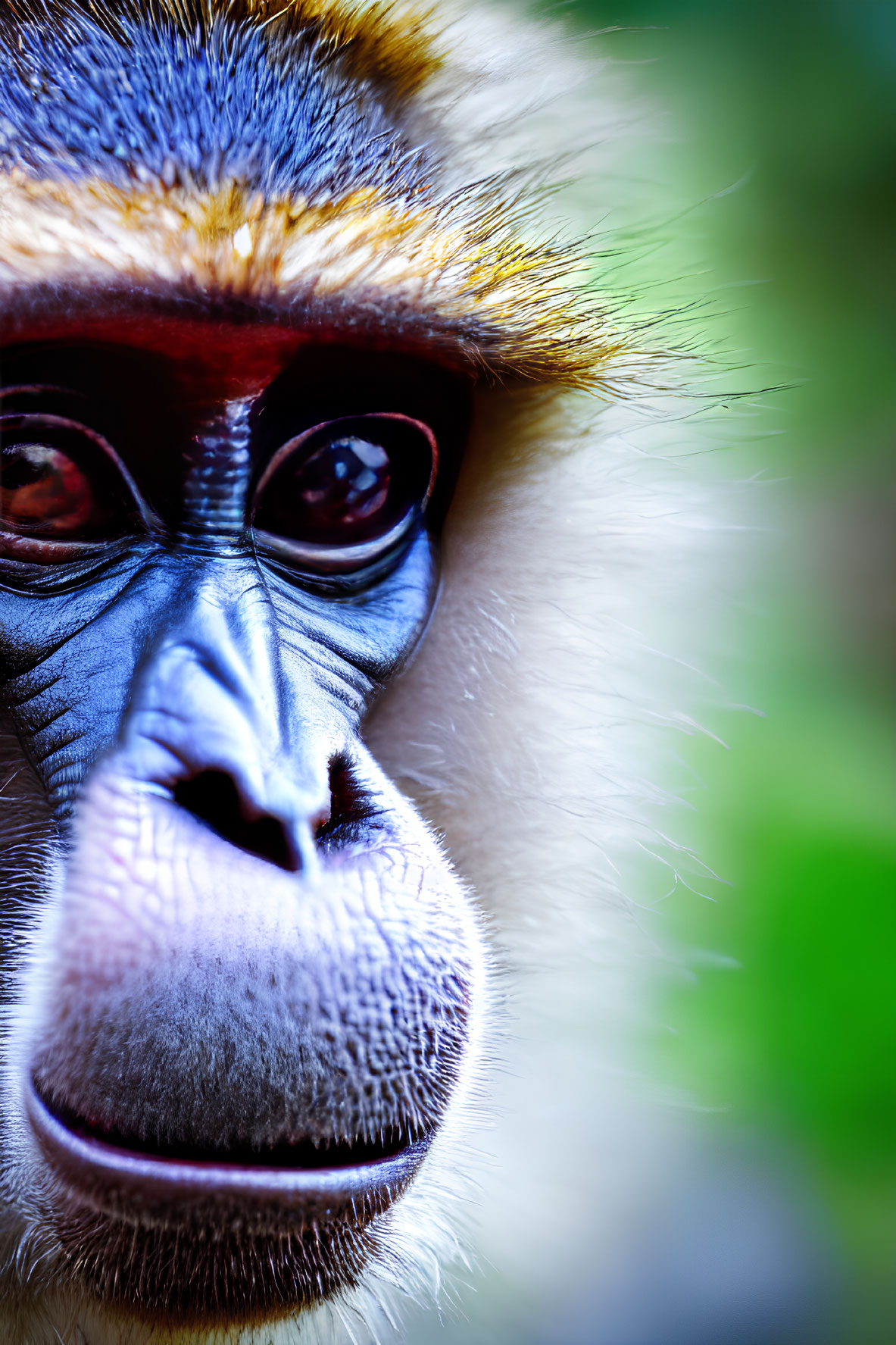 Vivid blue and red monkey with expressive eyes and detailed fur texture