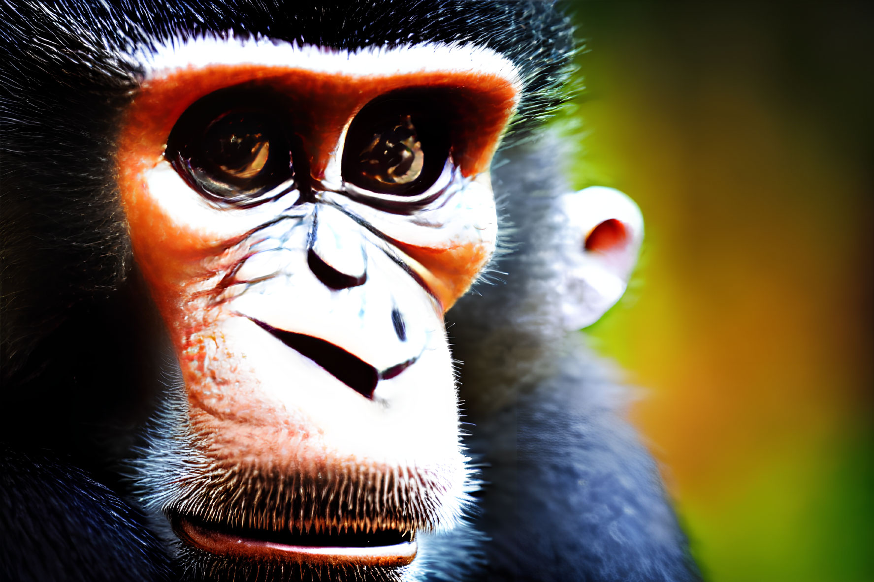 Detailed image of red-faced monkey with intense eyes on blurred backdrop