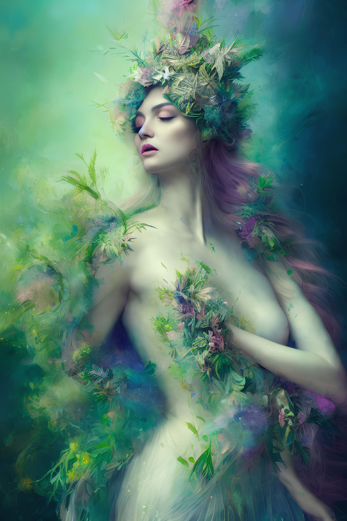 Portrait of a woman with vibrant leaf and flower wreath in dreamlike setting